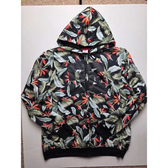 DC Hoodie Mens Large Green Floral Full Zip Faux Sherpa Lined Skater Outdoor - Picture 1 of 8